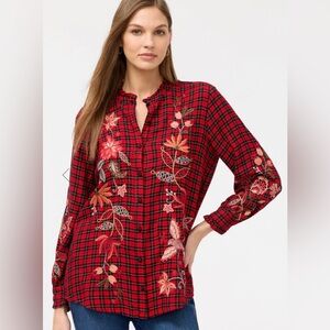 Johnny Was | Women’s Red Plaid Floral Embroidered Penelope Button Down Top Sz M